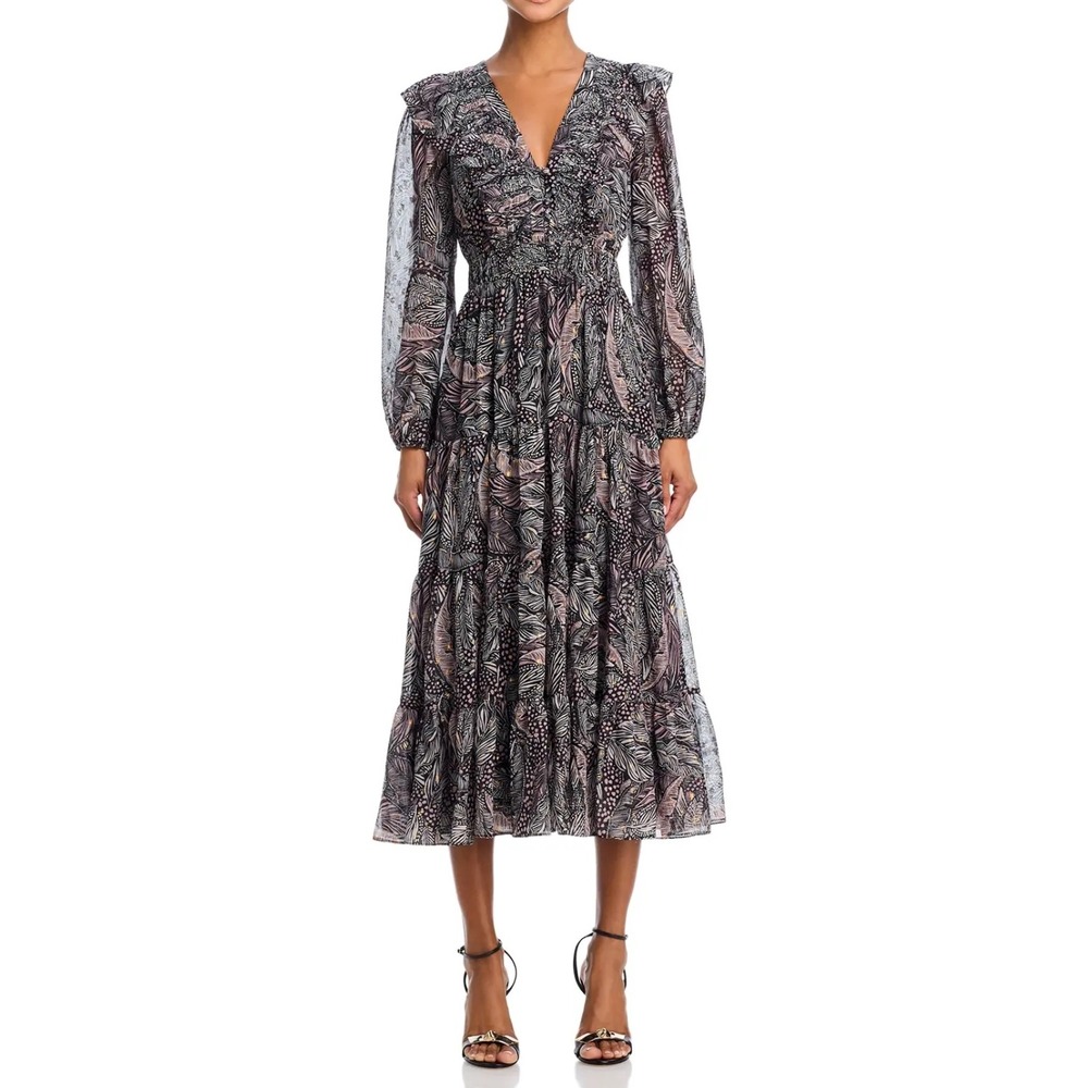 AQUA Tropical Leaf Print Ruffle V Neck‎ Smocked Waist Tiered Midi Dress Womens
